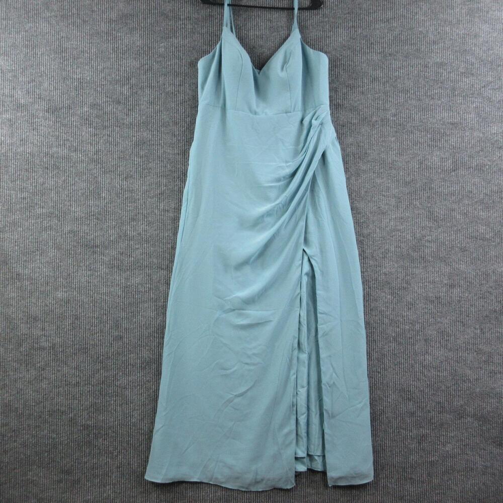 Azazie Dress Womens 16 Moody Blue V-Neck Long Slip Maxi Strappy Side Slit NWT